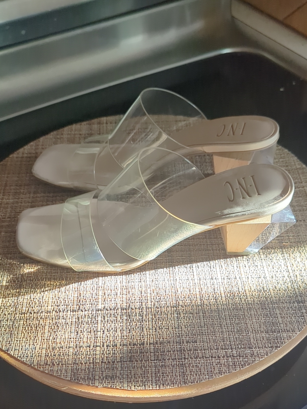 INC International Concepts Clear Strap Block Heel Mules in Nude/Transparent